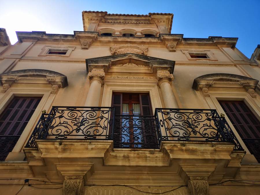 Neoclassicism architecture seen on the facade of the Ca ses Xilenes house in Llucmajor town, Mallorca, Spain.
