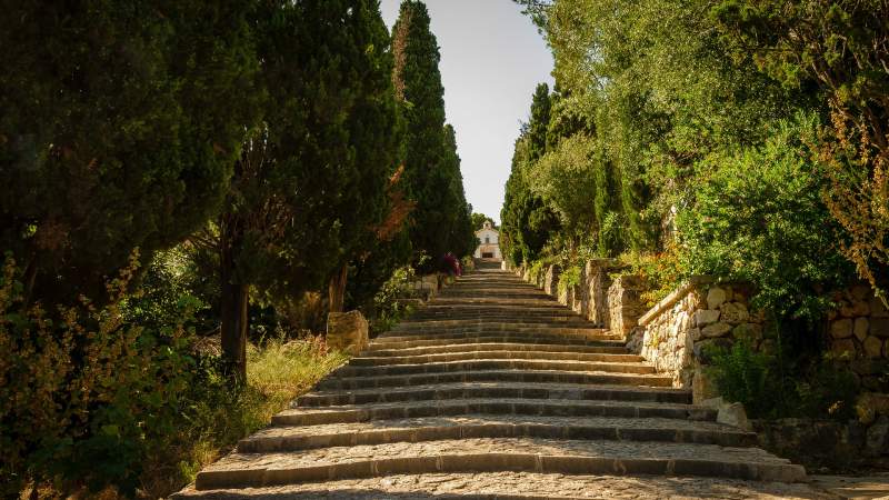Calvary stairway known as 'el Calvario' in Pollenca (Pollensa) town, Mallorca (Majorca) island.