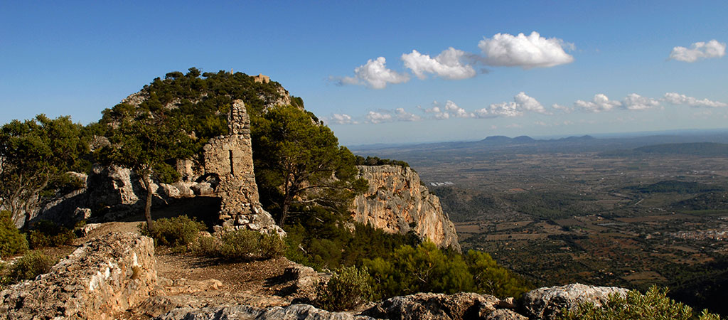 Fortress of Castell de Alaró at the summit of a mountain in Alaró valley, Mallorca, Spain
