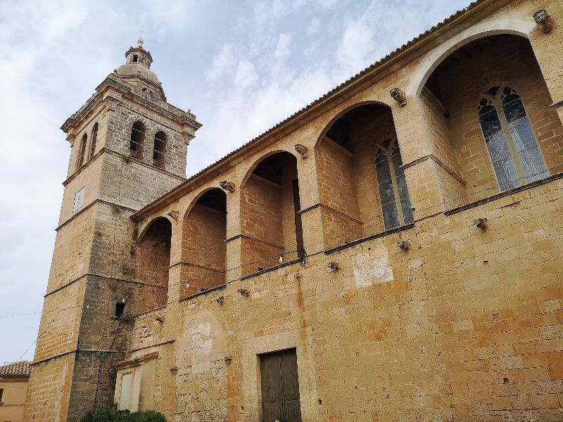 Gallery of Gothic arches in the facade of the Catholic church in Algaida, Mallorca, Spain.