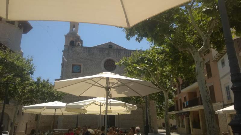 Front facade of the Sant Bartomeu church in the center of Alaro village, Mallorca.