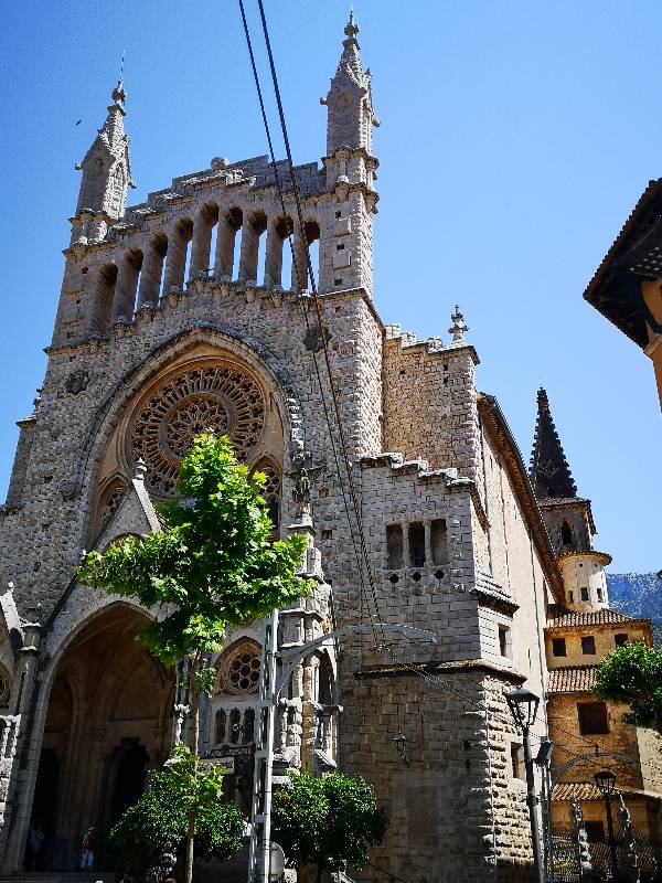 Beautiful and unique Neo-Gothic facade of the Sant Bartomeu church in Sóller, Mallorca.