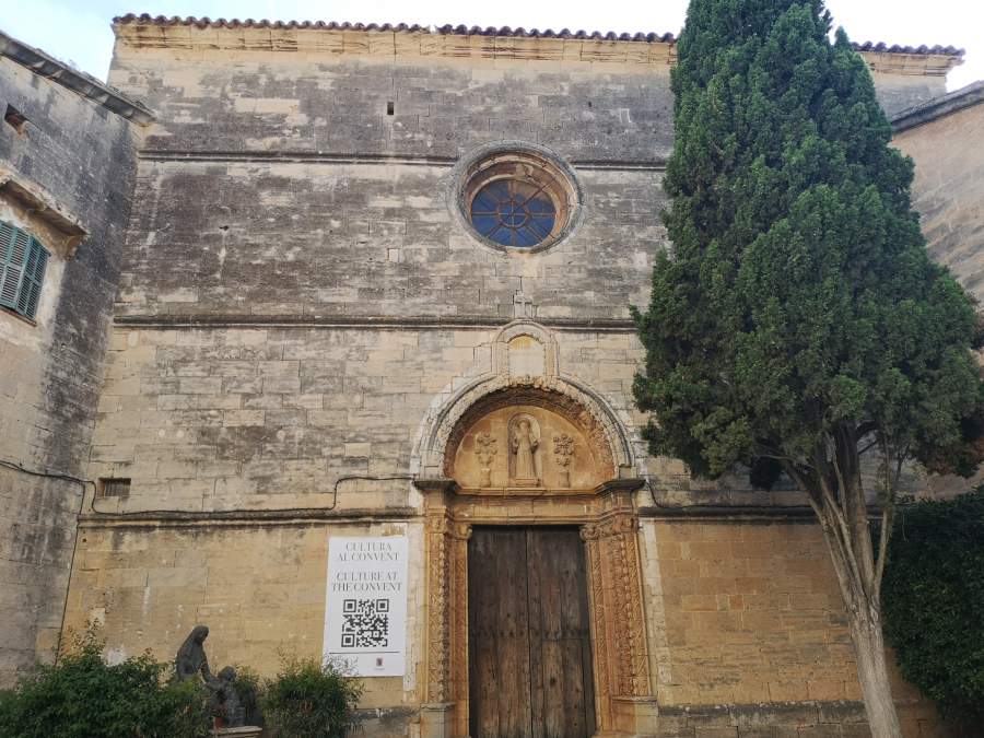 Facade and main entrance of the old Minims convent in Campos town, Mallorca, Spain.