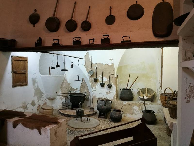 Cookware exhibited in a kitchen at the ethnological museum in Muro town, Mallorca.