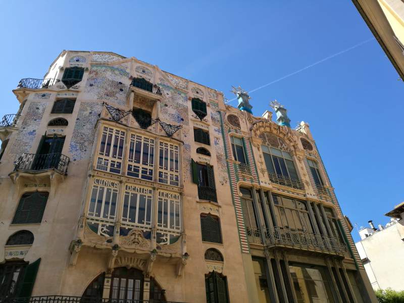 Art Nouveau architecture on the facade of the El Aguila building in Palma, Mallorca.