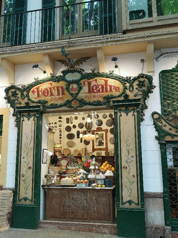 Iconic Art Nouveau facade of the Forn des Teatre bakery in Palma, Mallorca.