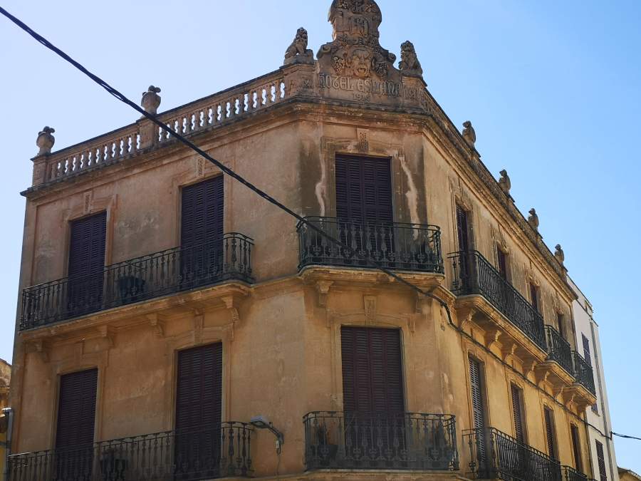 Art Nouveau style architecture on the facade of the Hotel España building in Llucmajor town, Mallorca.
