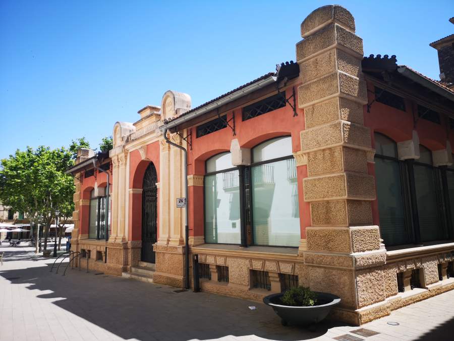 Modernist architecture on the old market building of Mercat des Peix in Llucmajor center, Mallorca.