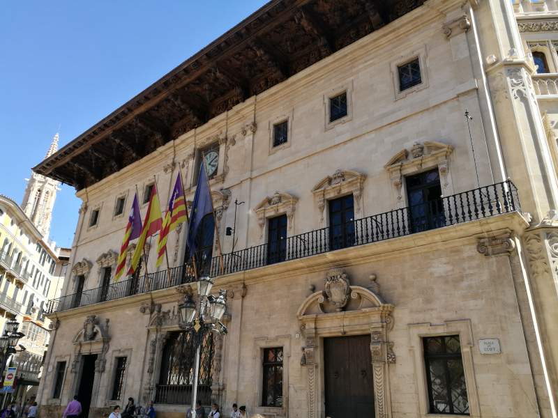 Neo-gothic facade of the Palma city hall building, Mallorca island. 