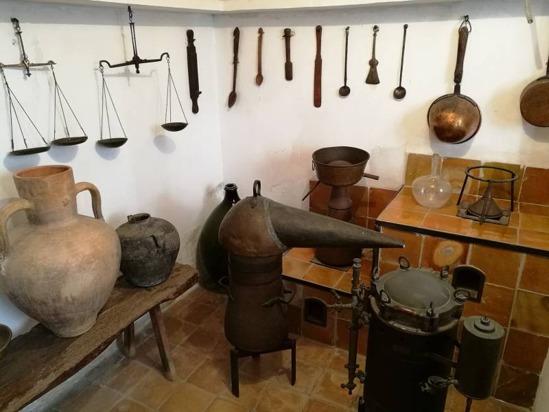 Old pharmaceutical tools exhibited at the ethnological museum in Muro, Mallorca, Spain.