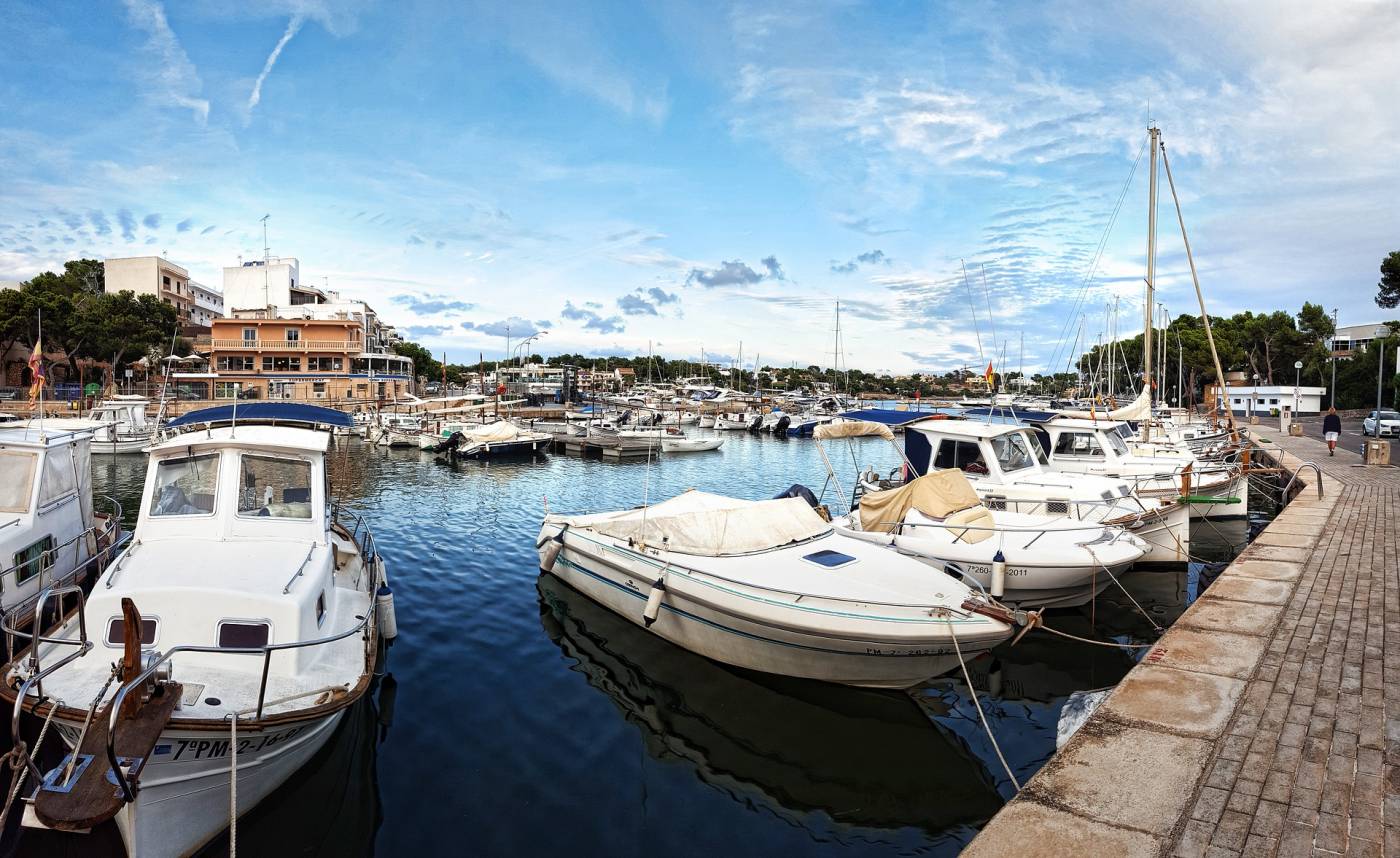 Boats anchored at the marina of Portopetro, Mallorca island, Spain.