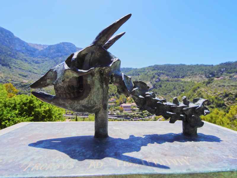 Sculpture of dwarf goat skeleton in Deia village, Mallorca.