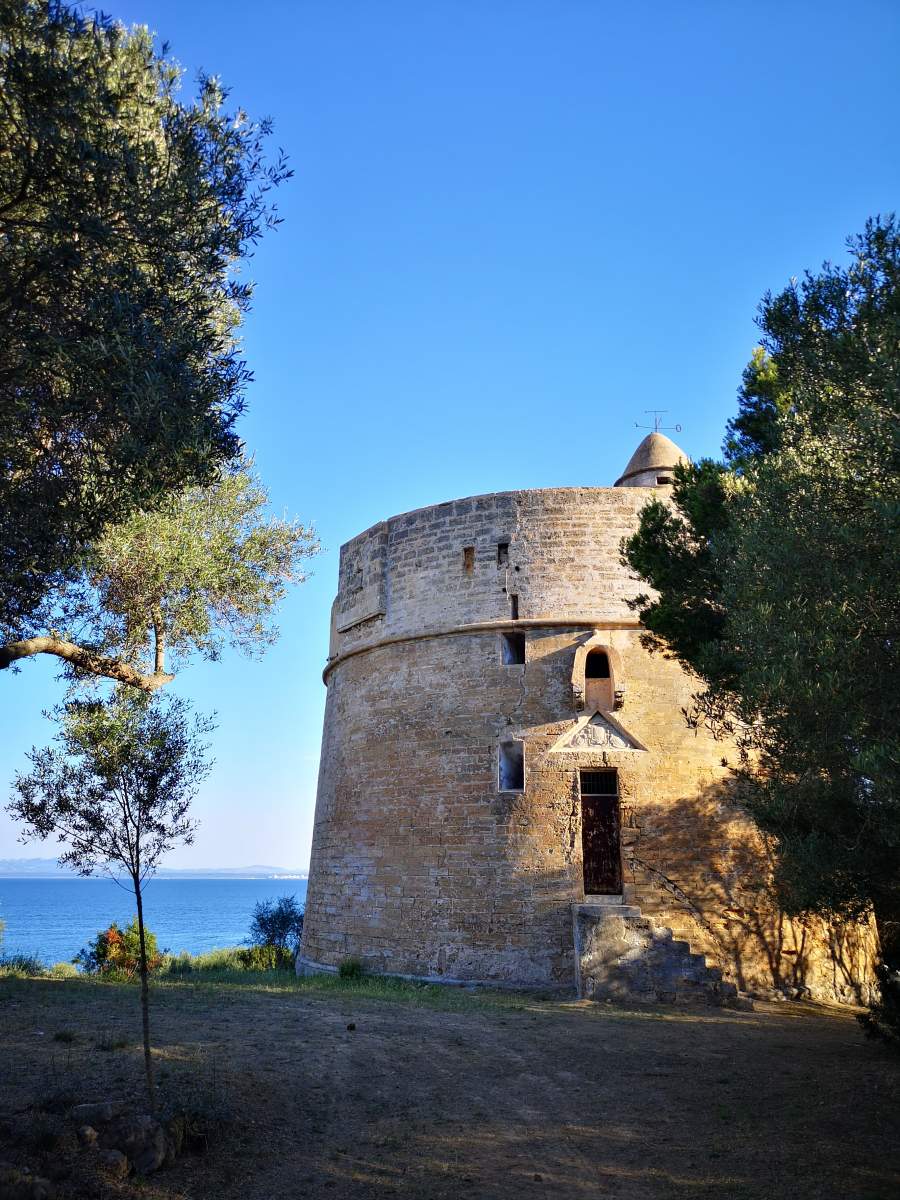 Old coastal watchtower of Torre Major between Port de Alcudia and Alcanada headland, Mallorca island.