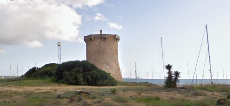 Old coastal watchtower of Son Durí near the coast of Campos, Mallorca.