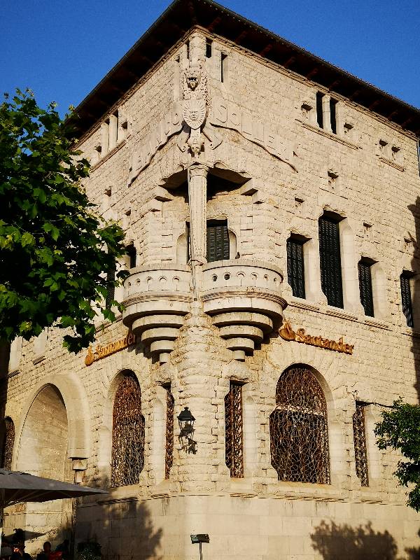 Neo-Gothic facade of the famous Banco de Sóller building in Sóller town, Mallorca, Spain.