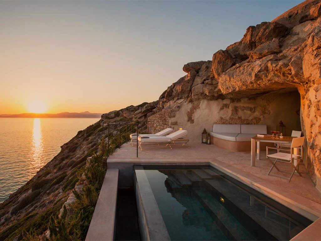 Views of the coast and sea at sunset from the Cap Rocat luxury hotel in Mallorca.