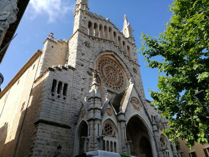 Neo-Gothic main facade of the parish church of Sóller, Mallorca, designed by famous Catalan architect Joan Rubio.