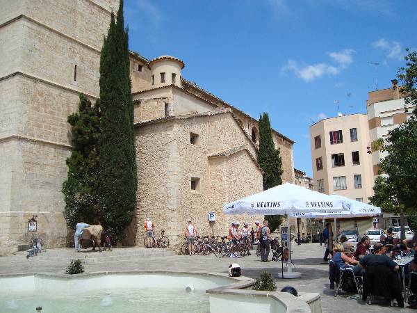 bars surrounding a small square next to the parish church in Inca town, Mallorca.
