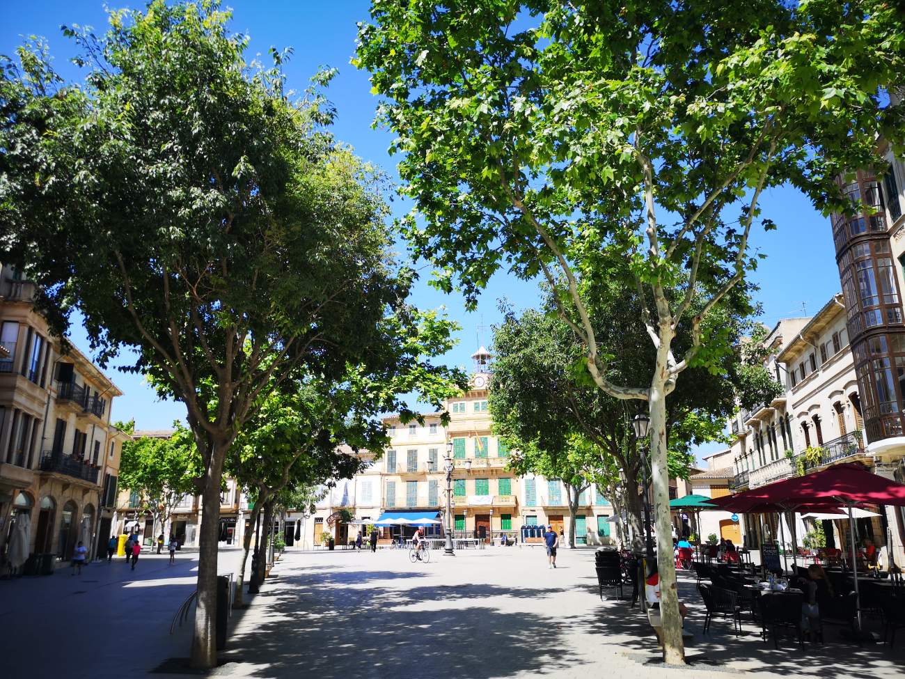 Main square with bars and restaurants in Llucmajor town, Mallorca island, Spain.