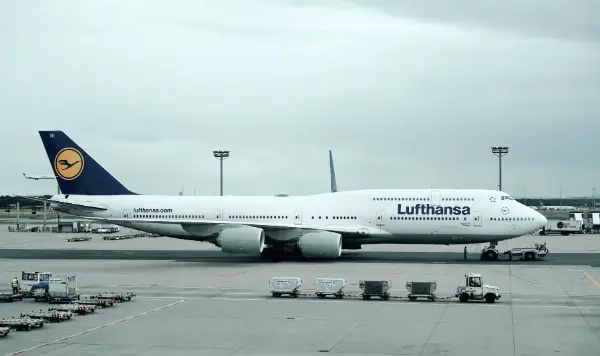 Lufthansa Boeing 747-400 long-haul airplane parked at Palma airport, Mallorca.