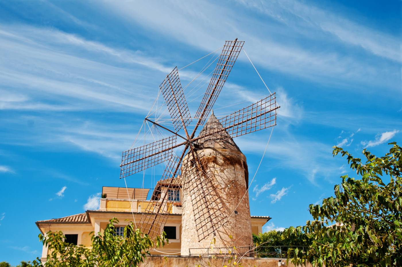 Old windmill in the rural area of Maria de la Salut, Mallorca island, Spain.