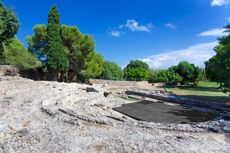 Ruins of an ancient Roman amphitheater in the Pol-lentia excavation site in Alcudia, Mallorca. 