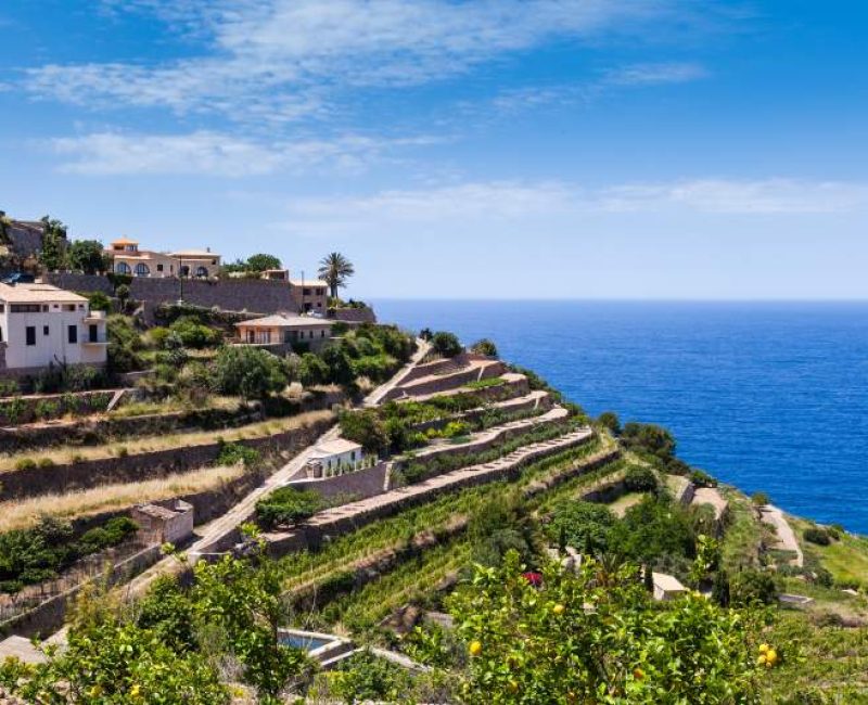 Characteristic stone terraces down the mountain slopes of Tramuntana mountains in the coastal area of Banyalbufar, Mallorca island, Spain.