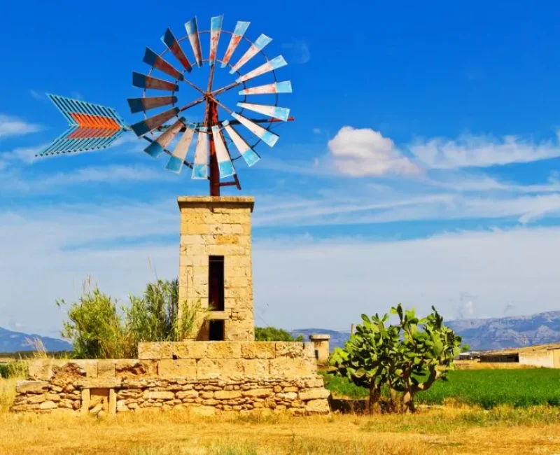 Old windmill in the rural countryside of Búger, Mallorca, Spain.
