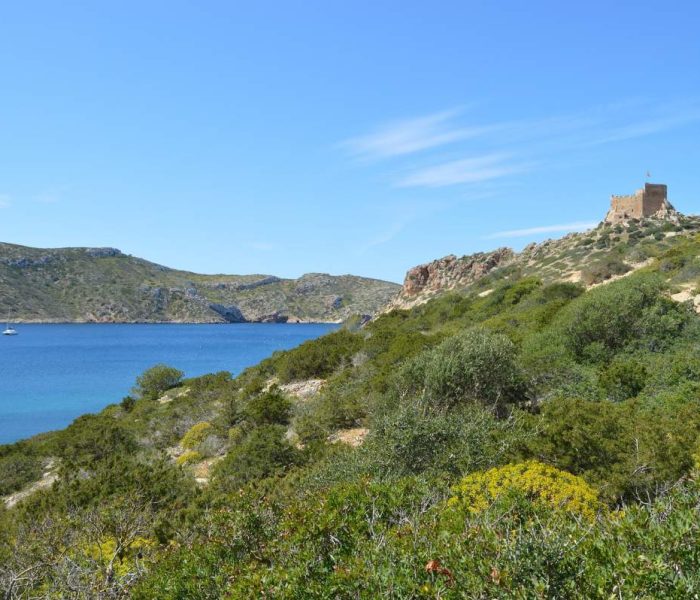 Castle surrounded by beautiful nature and vegetation close to the coastline of Cabrera island in the Balearics.