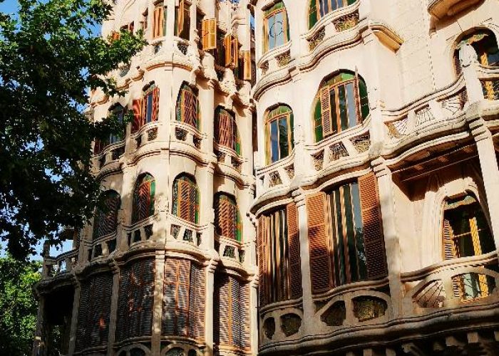 Beautiful example of Art Nouveau architecture on the facade of the Cas Casasayas and Pension Menorquina buildings in Palma city, Mallorca.