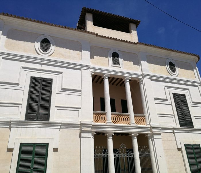 Neoclassical architecture facade on the mansion of Can Rafal Blanes in Arta town, Mallorca.