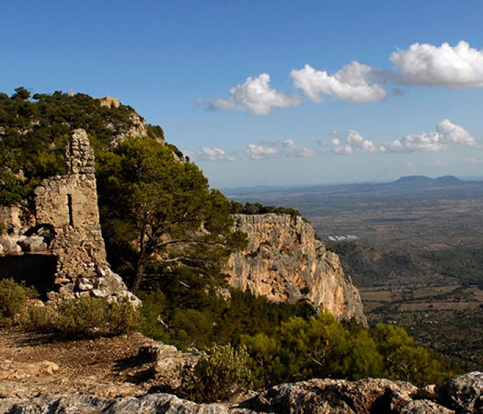 Ancient fortress and castle of Castell d'Alaró overlooking Mallorca from its mountaintop position at Puig de Alaro.