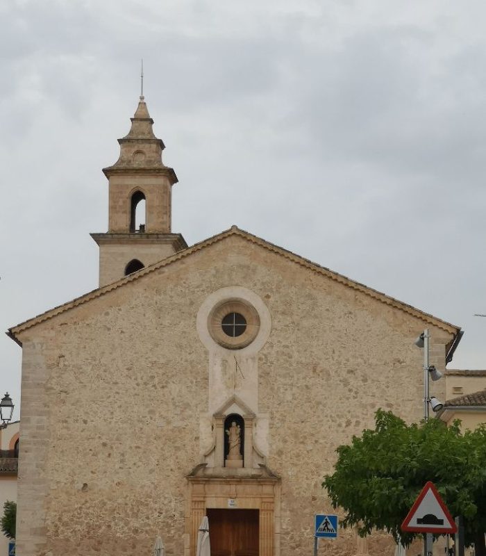 Main facade of the church of Natividad de Nuestra Senora in Costitx village, Mallorca.