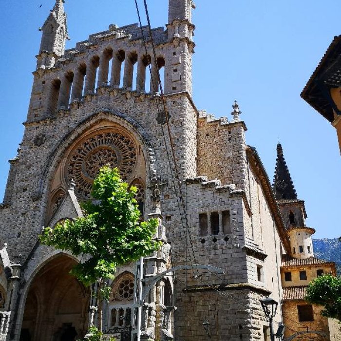 Beautiful and unique Neo-Gothic facade of the Sant Bartomeu church in Sóller, Mallorca.
