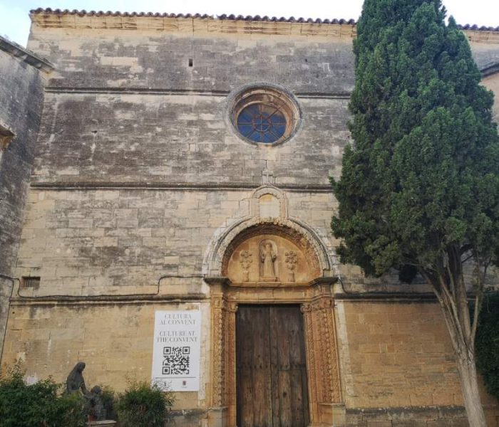 Facade and main entrance of the old Minims convent in Campos town, Mallorca, Spain.