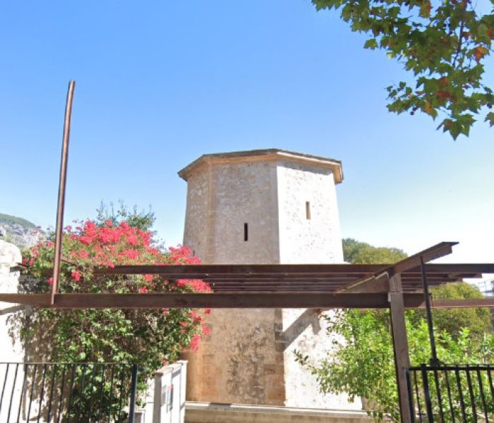 Old electricity tower and power supply in Alaró village, Mallorca, Spain.