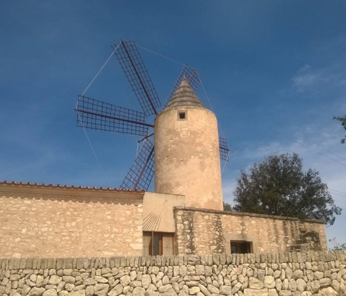 Old windmill of Moli d'en Fraret and current archaeological museum of Son Fornes, in Montuïri village, Mallorca.