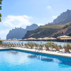 Pool at hotel Grupotel Molins in Cala Sant Vicenc, Mallorca island, Spain.
