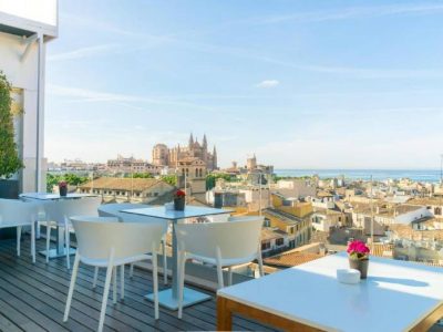 Views over Palma city center from the rooftop of Hotel Almudaina, Mallorca.