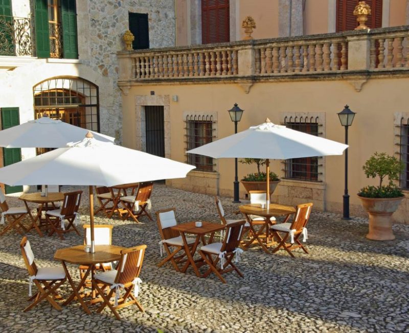 Cozy terrace at a hotel in Lloseta village, Mallorca, Spain.