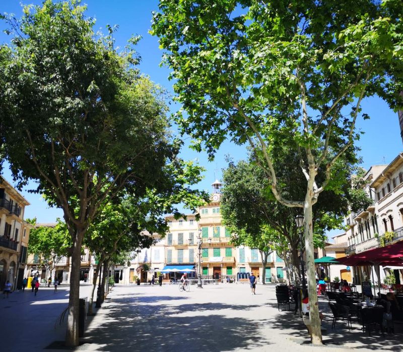 Main square with bars and restaurants in Llucmajor town, Mallorca island, Spain.
