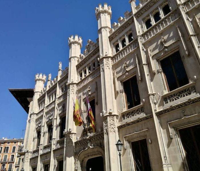 Gothic architecture on the facade of the Balearic government building in Palma city, Mallorca.