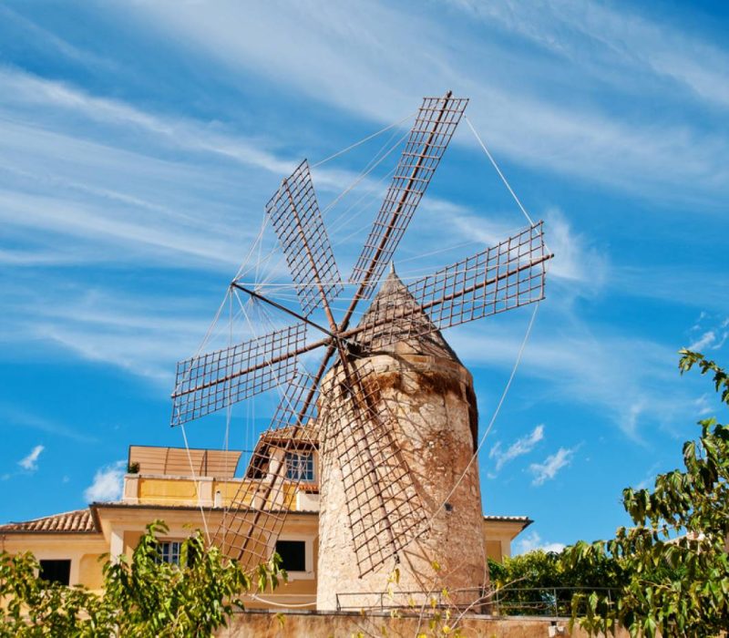 Old windmill in the rural area of Maria de la Salut, Mallorca island, Spain.