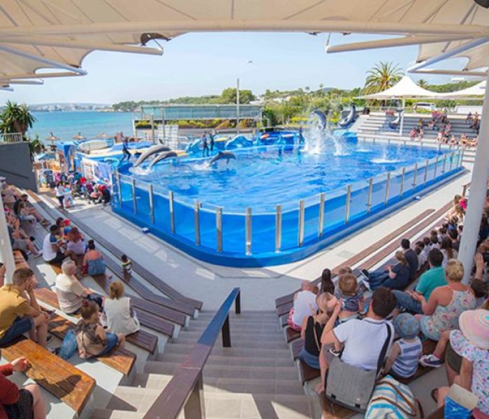 Audience attending one of the famous dolphin shows at Marineland, Mallorca.