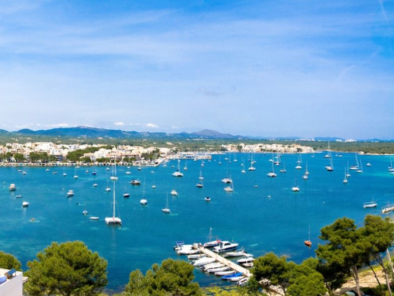 Boats in the bay of Portocolom, Mallorca island, Spain.