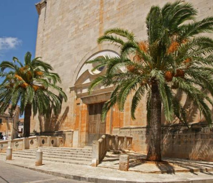 Main facade of the Sant Andreu church in Santanyi town, Mallorca island.