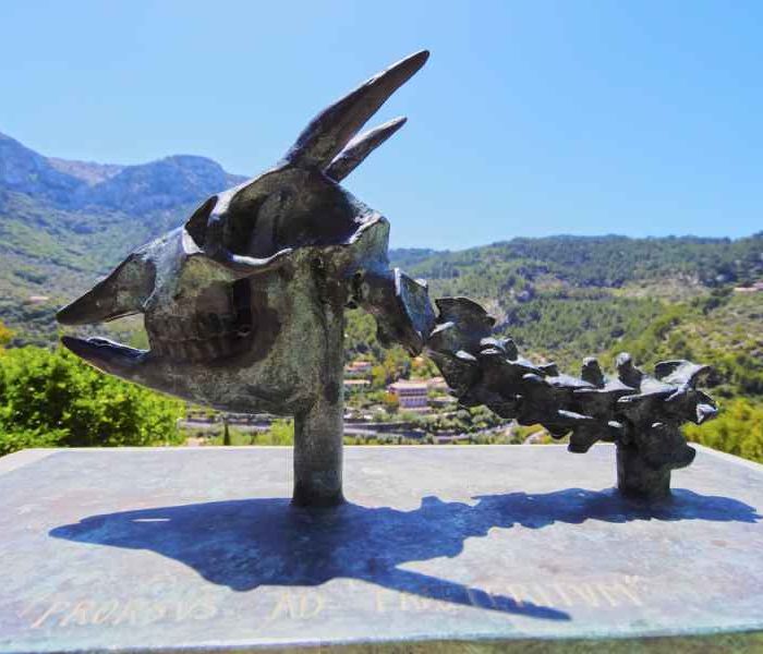 Sculpture of dwarf goat skeleton in Deia village, Mallorca.