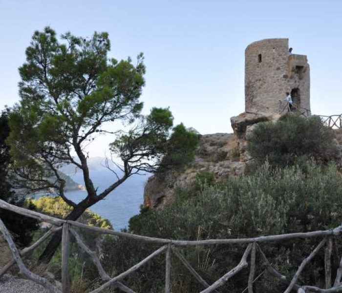 Old watchtower of Torres des Verger by the coast of Banyalbufar, Mallorca, Spain.